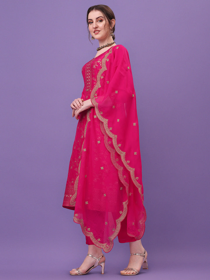 Pink Jacquard Kurta Suit Set by Qivii