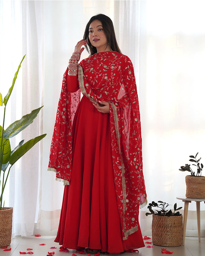 Red Color Soft Georgette Anarkali Gown With Heavy Embroidery Work Dupatta - Front View