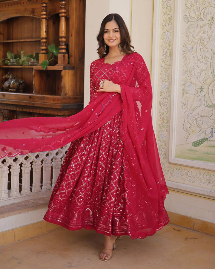 Pink Color Designer Anarkali Gown With Dupatta  - By Qivii