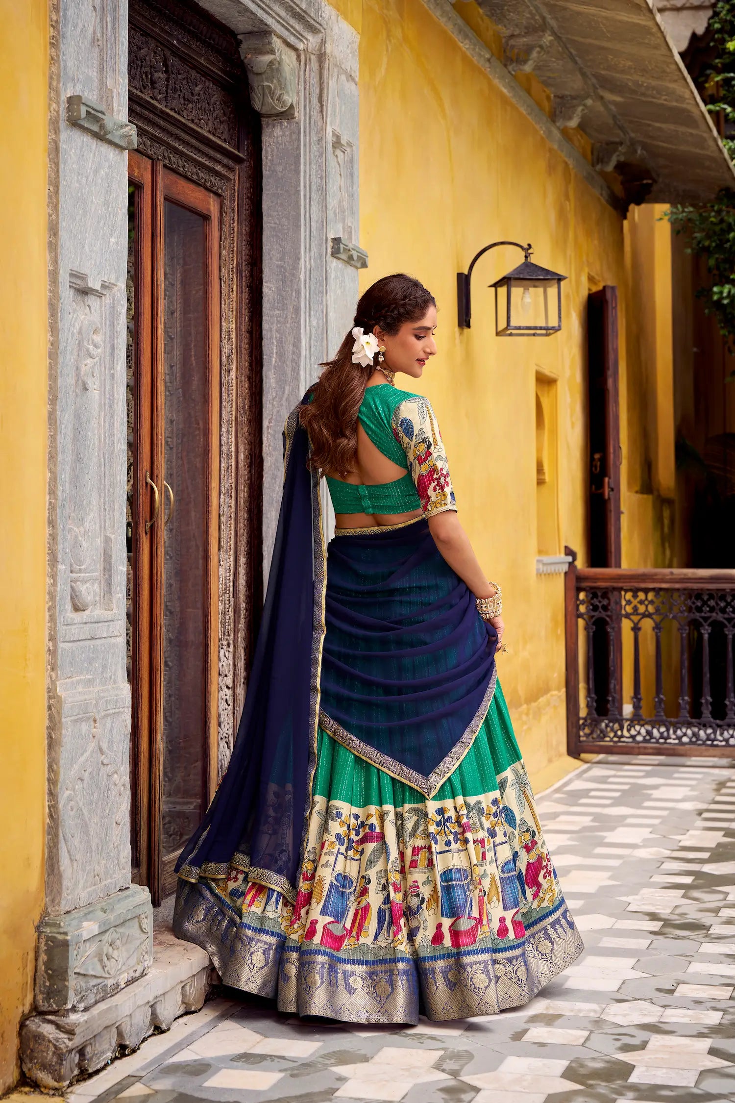 Teal Green Chanderi Lehenga Choli With Kalamkari Print & Zari Weaving Work - qivii