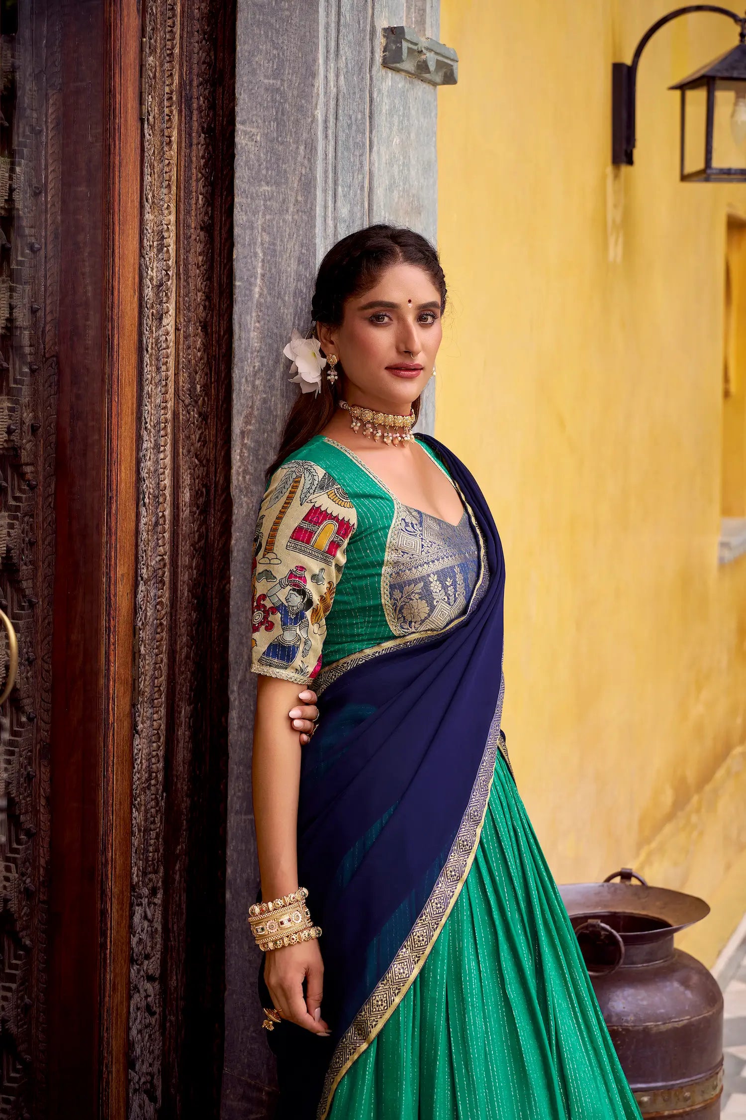 Teal Green Chanderi Lehenga Choli With Kalamkari Print & Zari Weaving Work - qivii