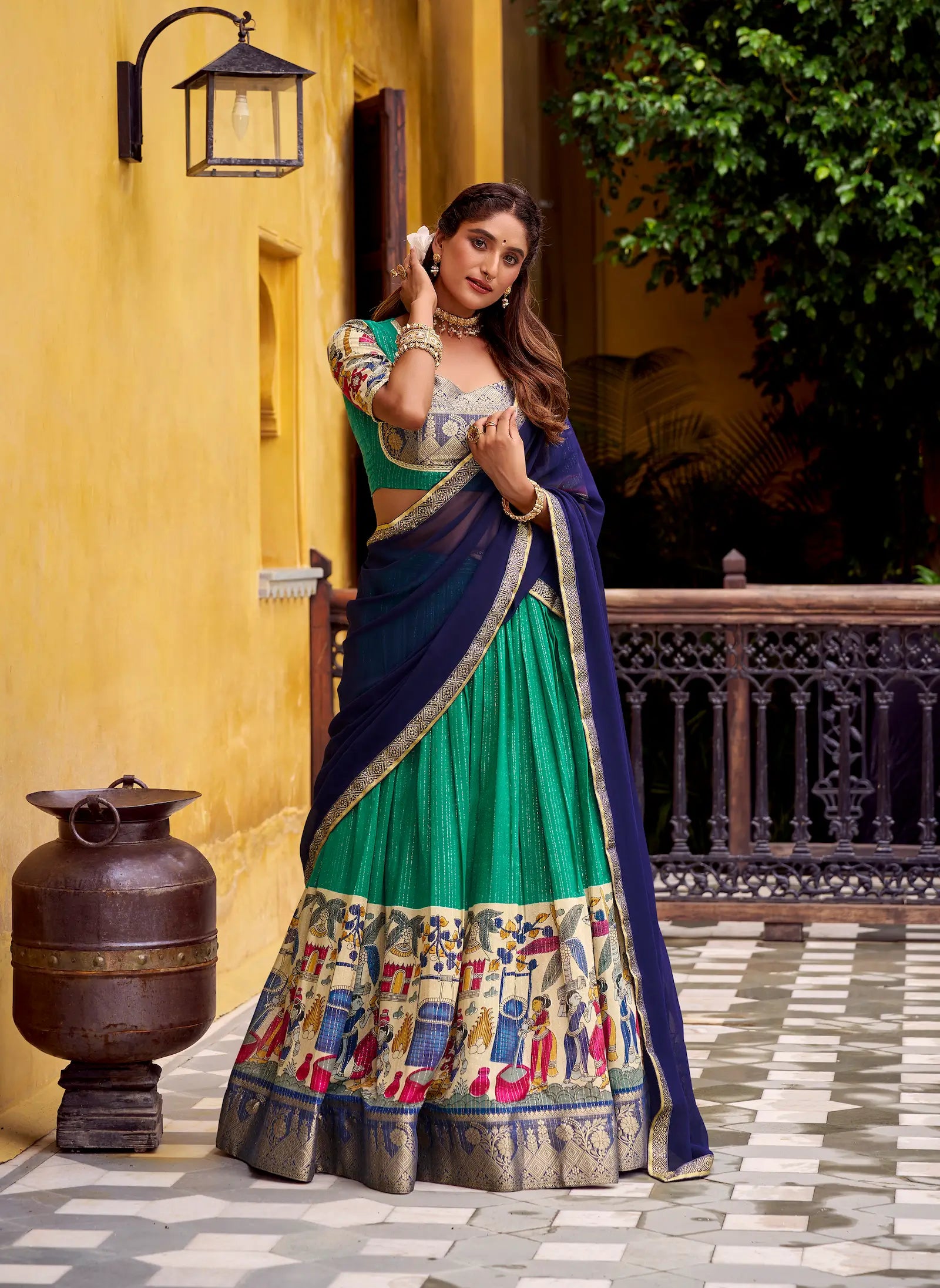 Teal Green Chanderi Lehenga Choli With Kalamkari Print & Zari Weaving Work - qivii