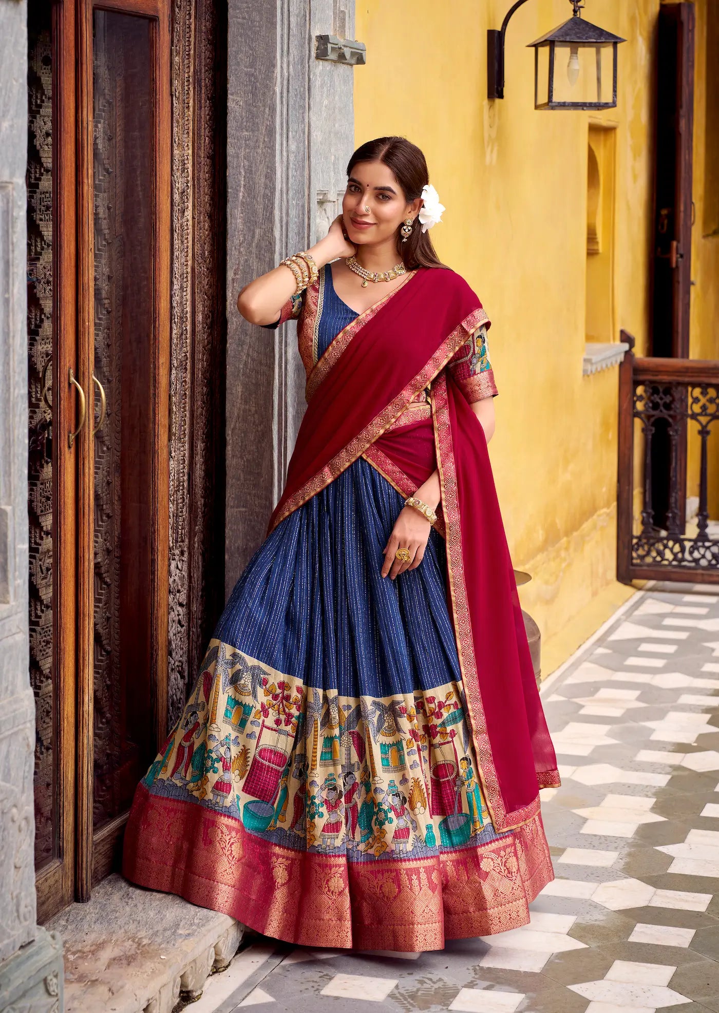 Navy Blue Chanderi Lehenga Choli With Kalamkari Print & Zari Weaving Work - qivii
