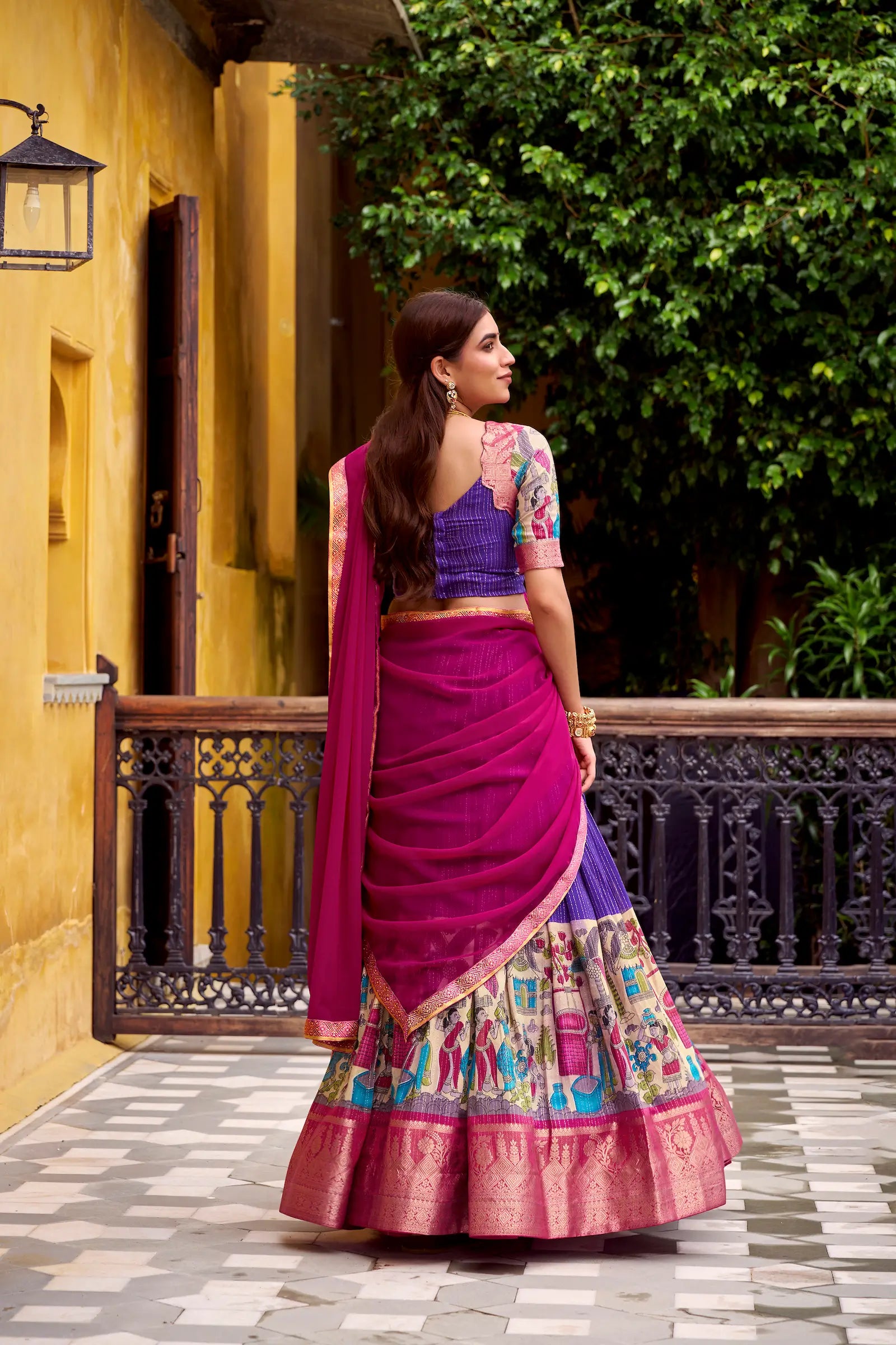Purple Chanderi Lehenga Choli With Kalamkari Print & Zari Weaving Work - qivii