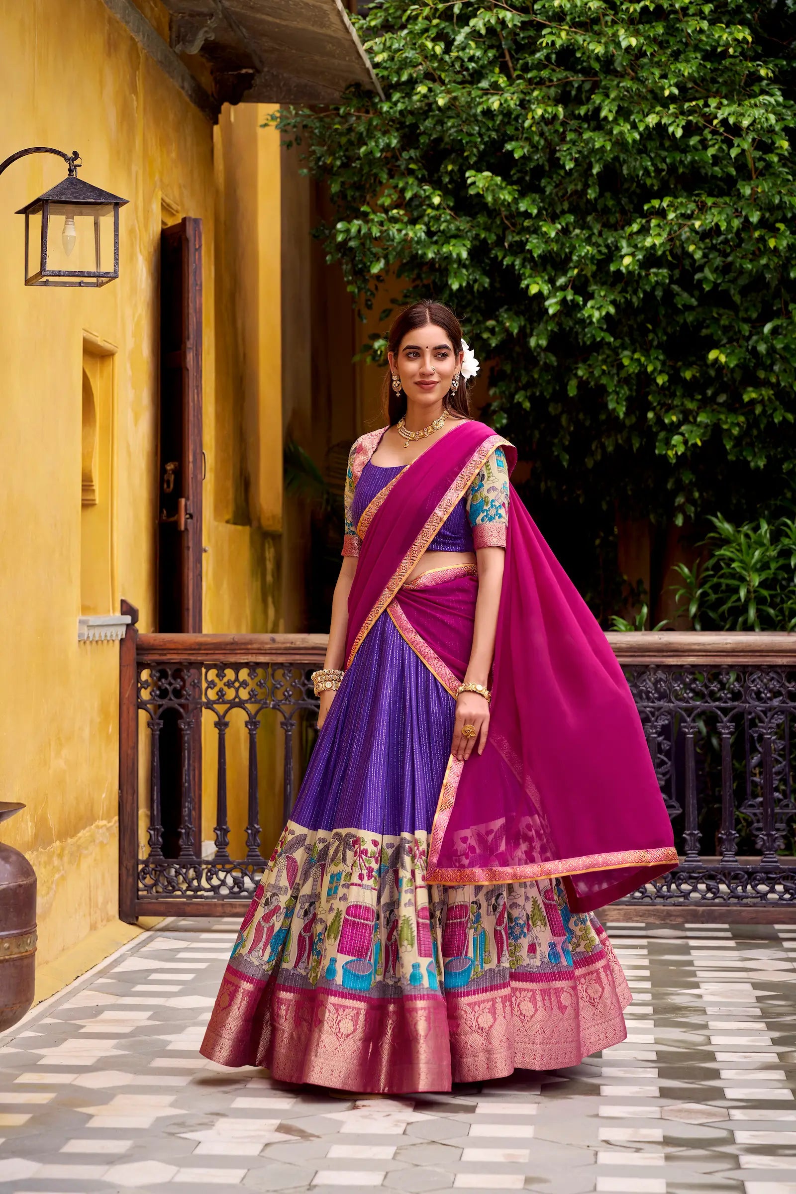 Purple Chanderi Lehenga Choli With Kalamkari Print & Zari Weaving Work - qivii