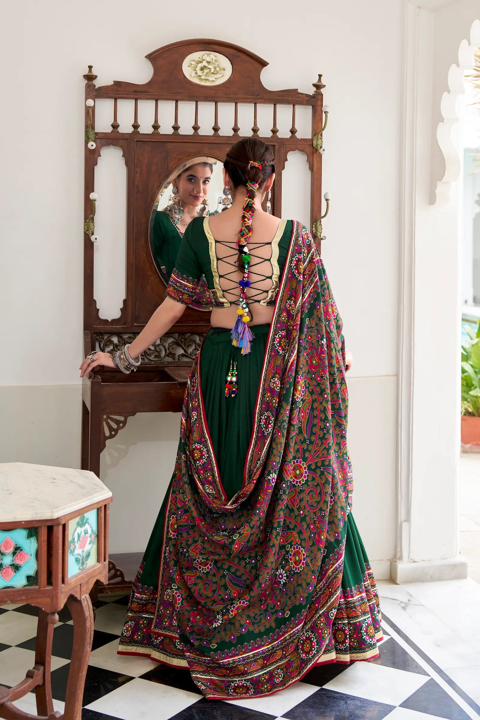 Green Tasar Silk Navratri Lehenga Choli With Gamthi Print & Lace Touch Up
