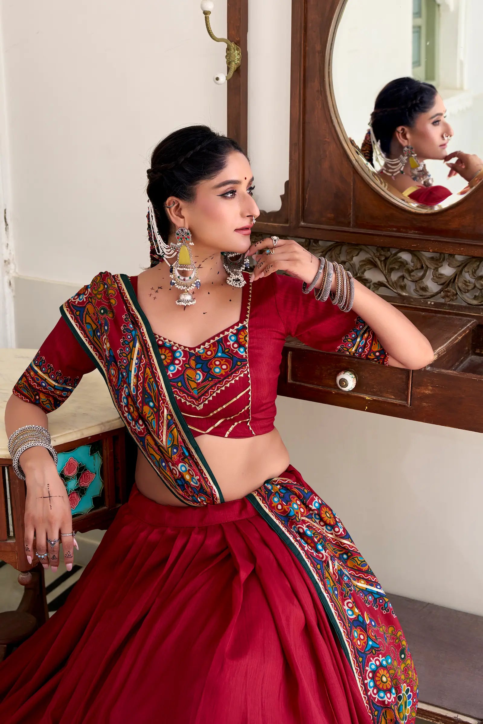 Red Tasar Silk Navratri Lehenga Choli With Gamthi Print & Lace Touch Up