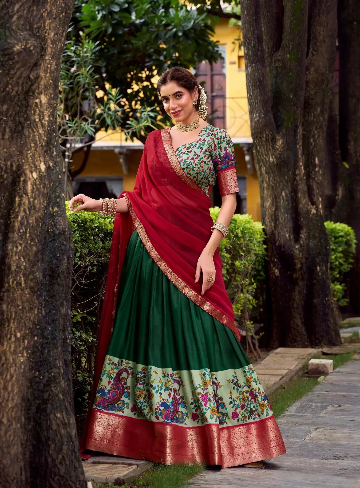 Dark Green Printed & Zari Weaving Silk Lehenga Choli - qivii