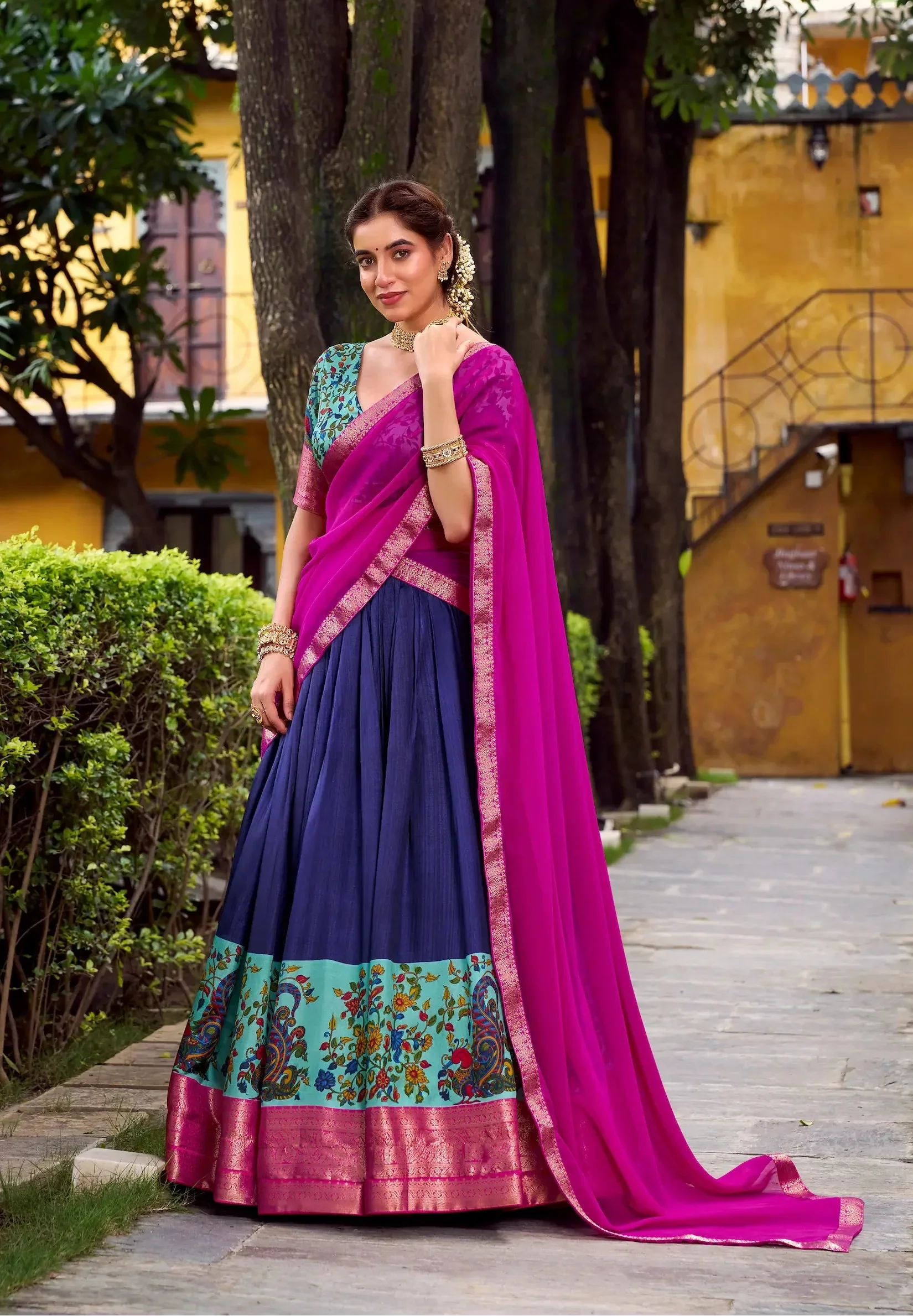 Navy Blue Printed & Zari Weaving Silk Lehenga Choli - qivii