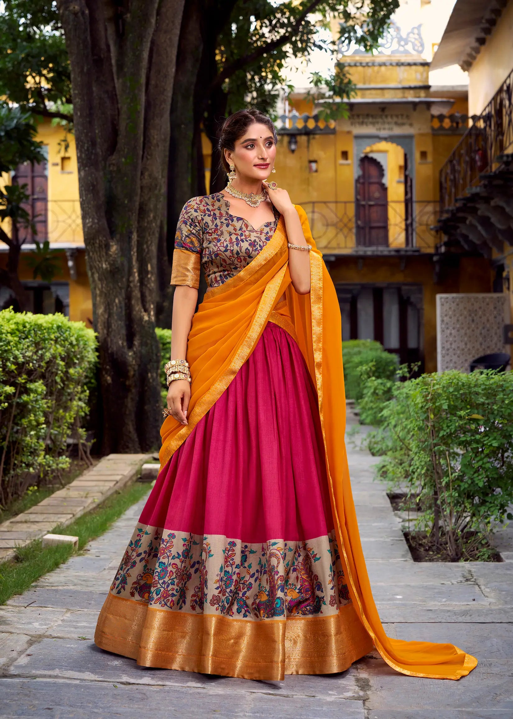 Hot Pink Printed & Zari Weaving Silk Lehenga Choli - qivii