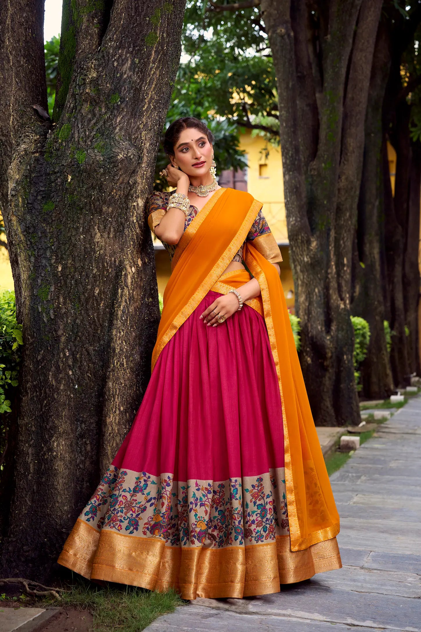 Hot Pink Printed & Zari Weaving Silk Lehenga Choli - qivii