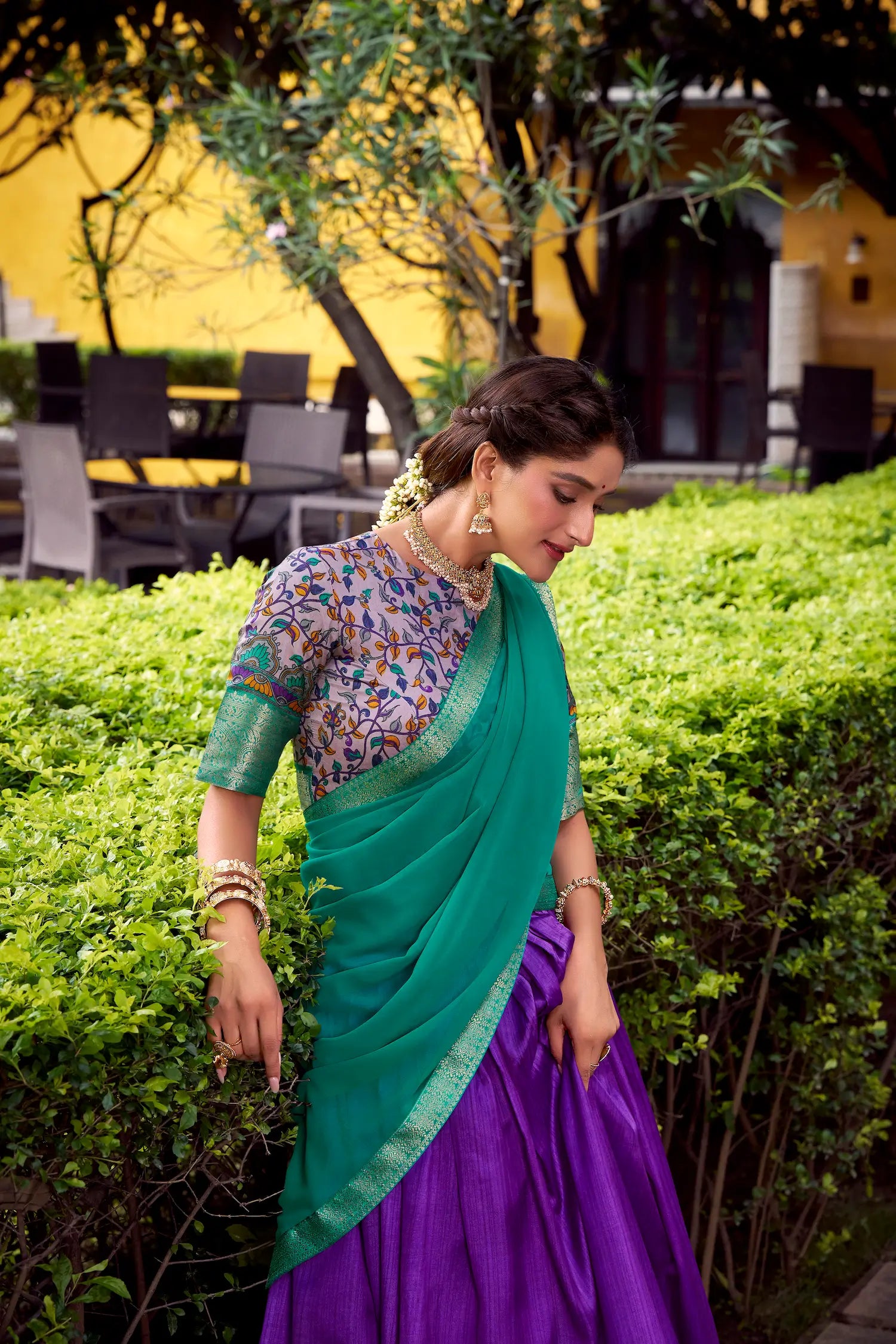 Indigo Purple Printed & Zari Weaving Silk Lehenga Choli - qivii