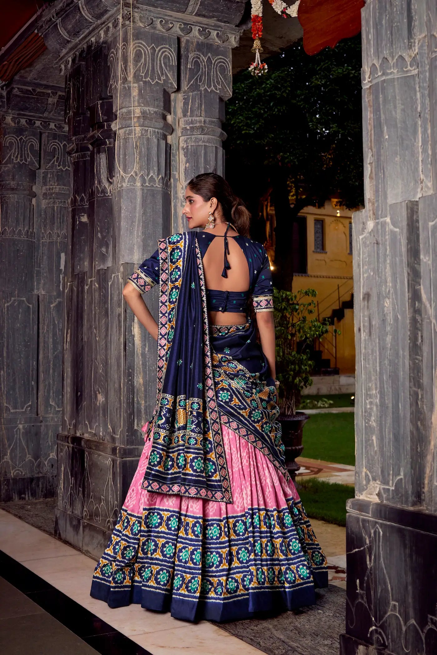 Light Pink Tussar Silk Ikkat Printed Lehenga Choli - qivii