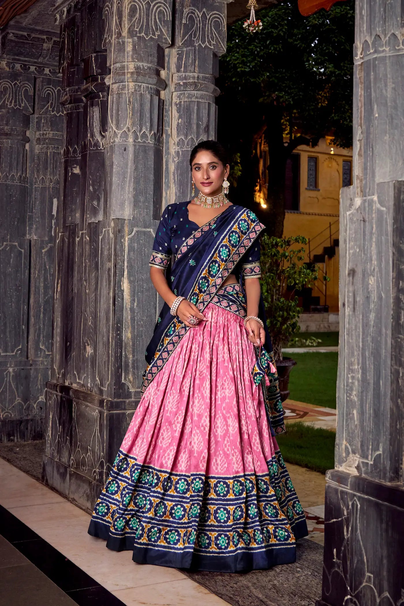 Light Pink Tussar Silk Ikkat Printed Lehenga Choli - qivii