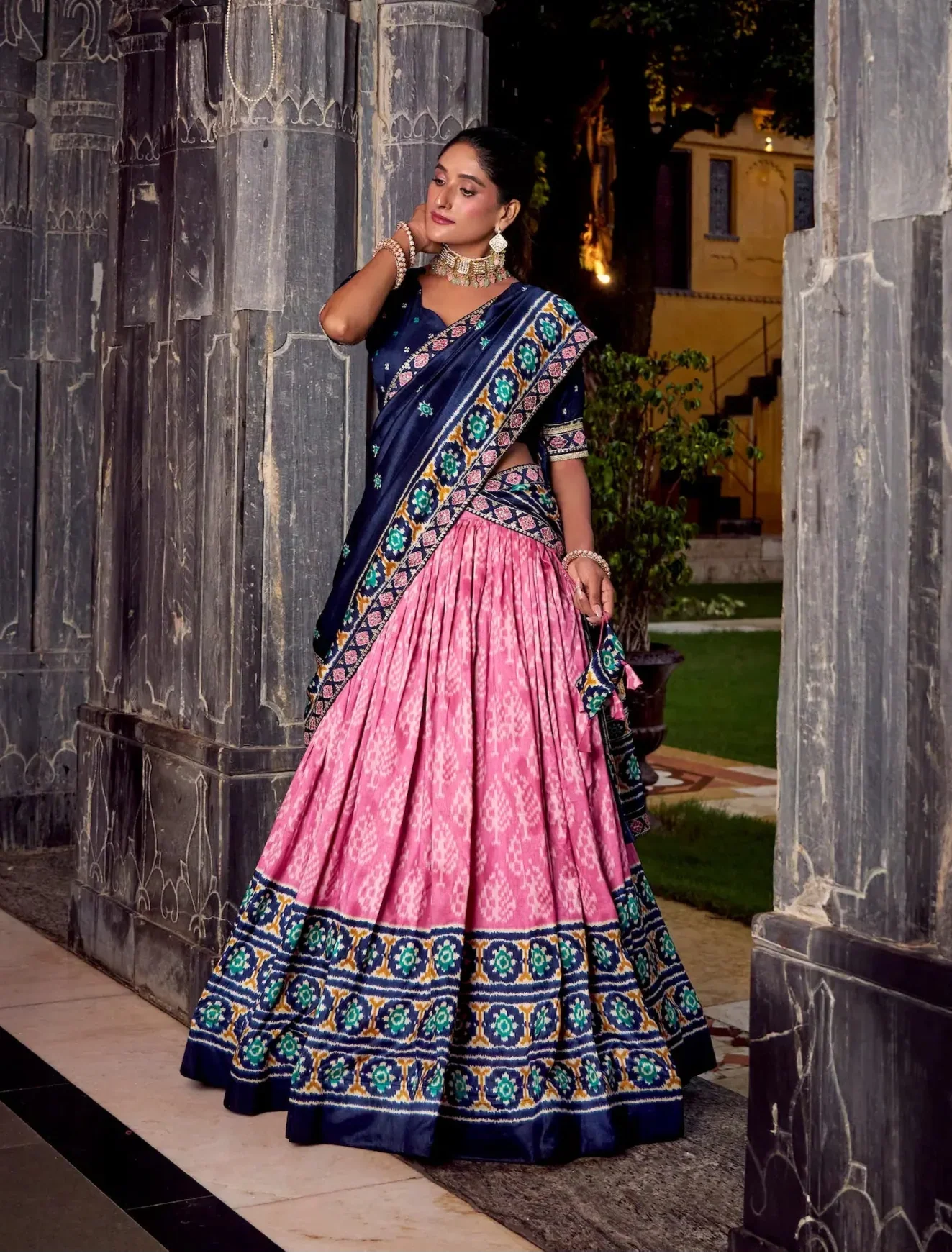 Light Pink Tussar Silk Ikkat Printed Lehenga Choli - qivii