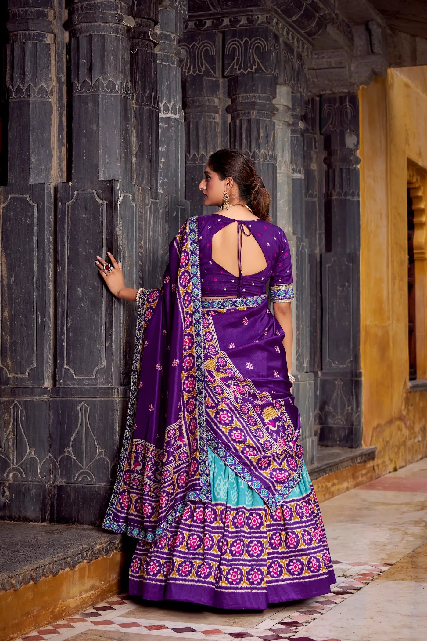 Sea Blue Tussar Silk Ikkat Printed Lehenga Choli - qivii