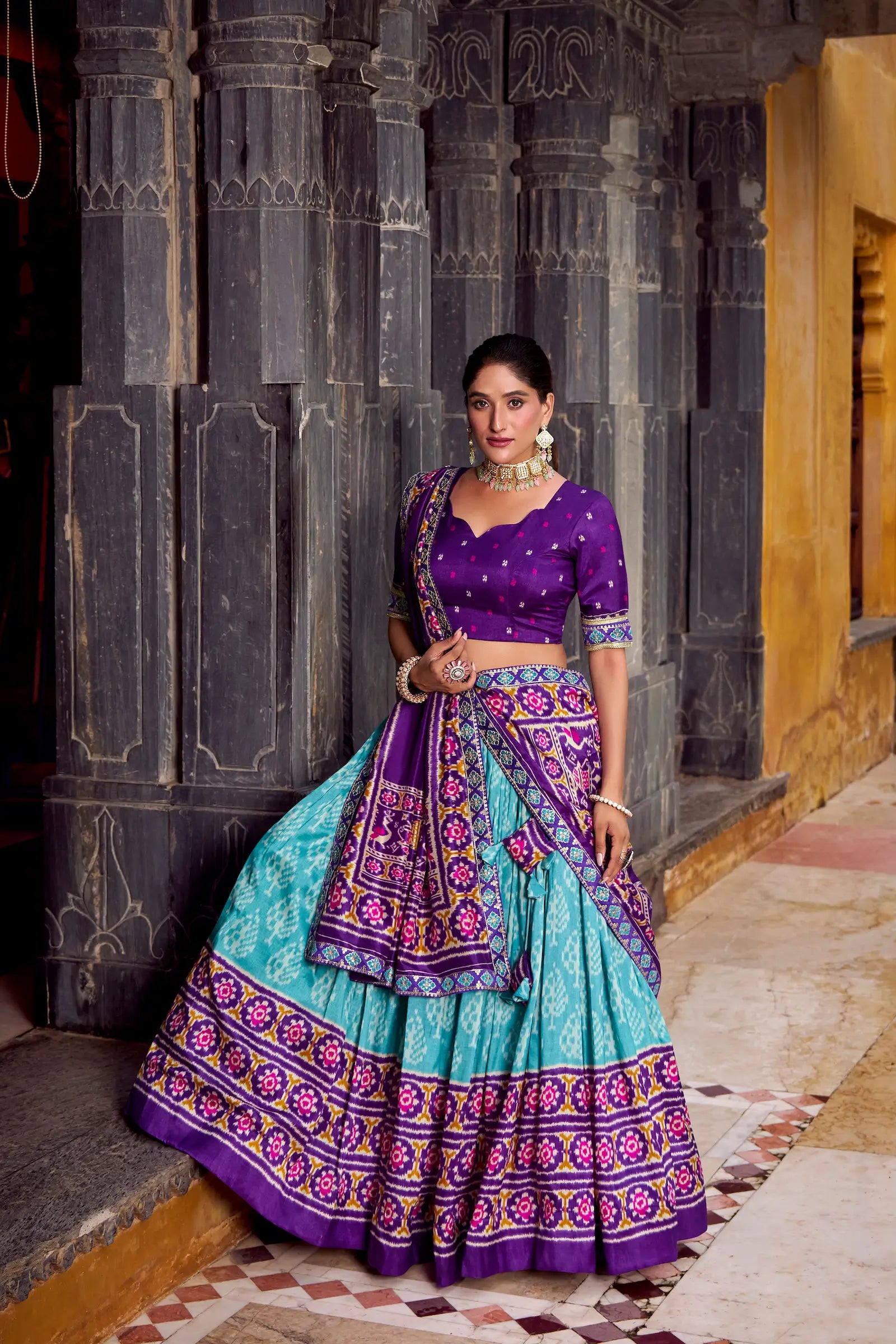 Sea Blue Tussar Silk Ikkat Printed Lehenga Choli - qivii
