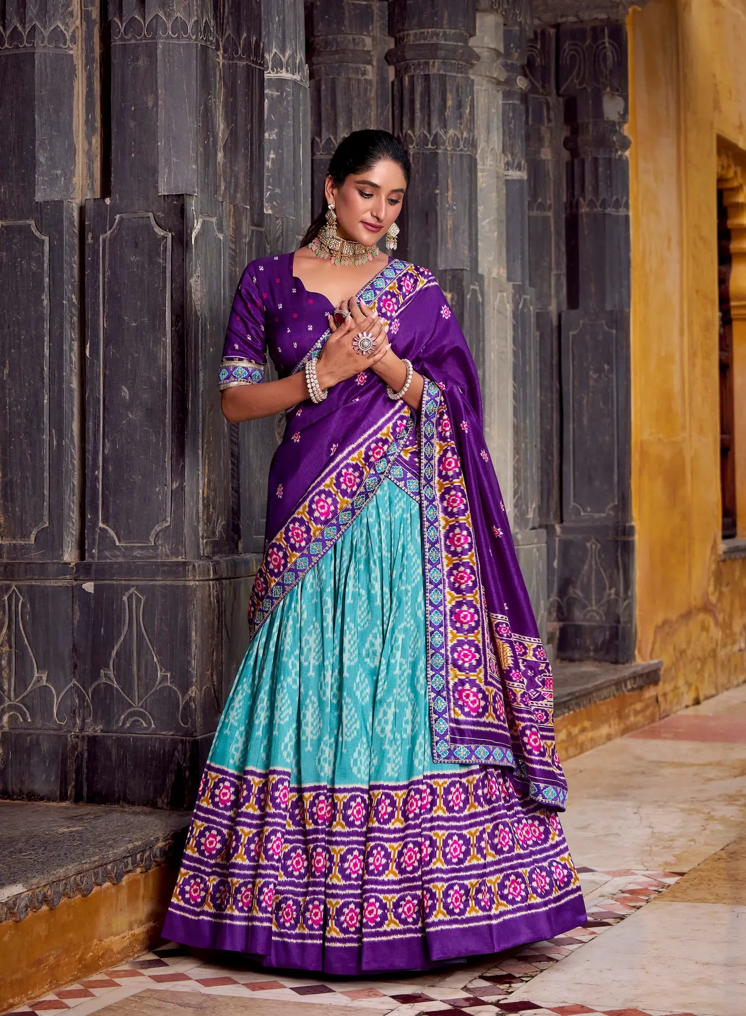 Sea Blue Tussar Silk Ikkat Printed Lehenga Choli - qivii