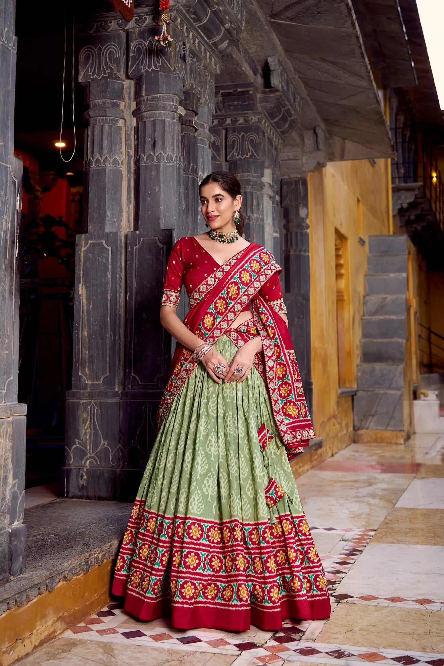 Sea Green Tussar Silk Ikkat Printed Lehenga Choli - qivii