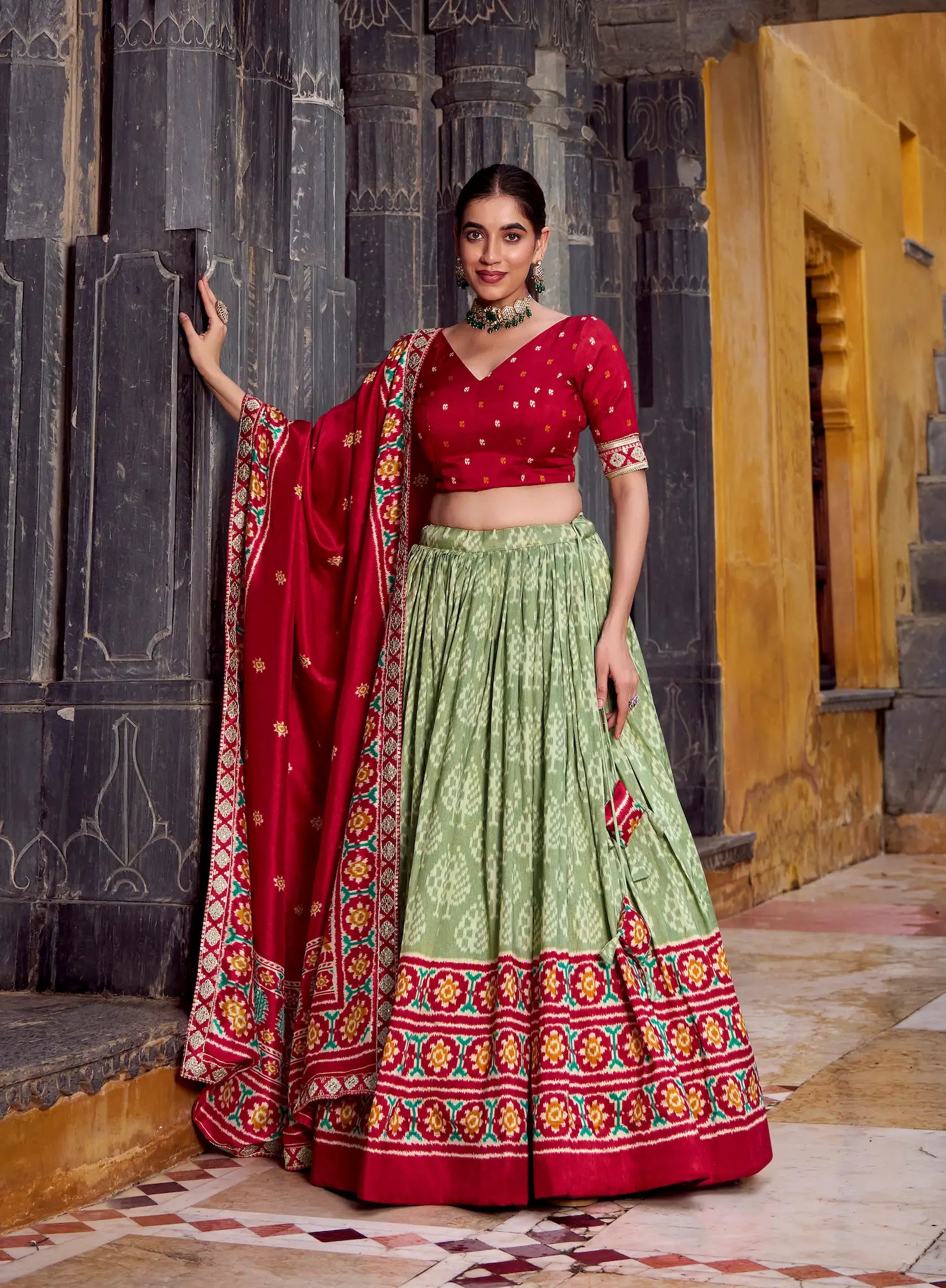 Sea Green Tussar Silk Ikkat Printed Lehenga Choli - qivii