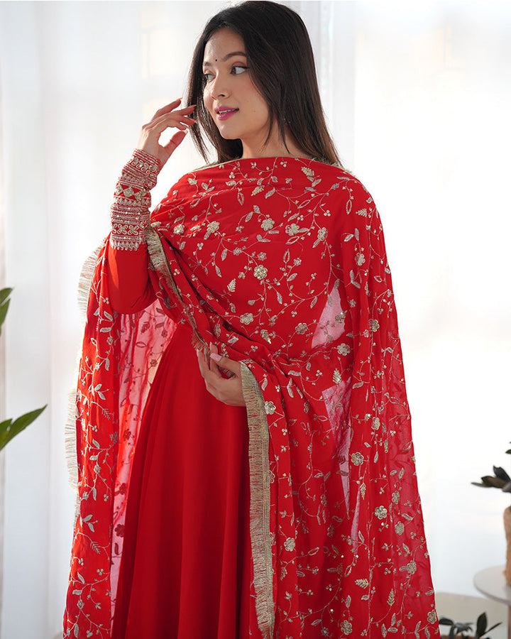 Stunning Red Color Soft Georgette Anarkali Gown With Heavy Embroidery Work - Close-up Detail