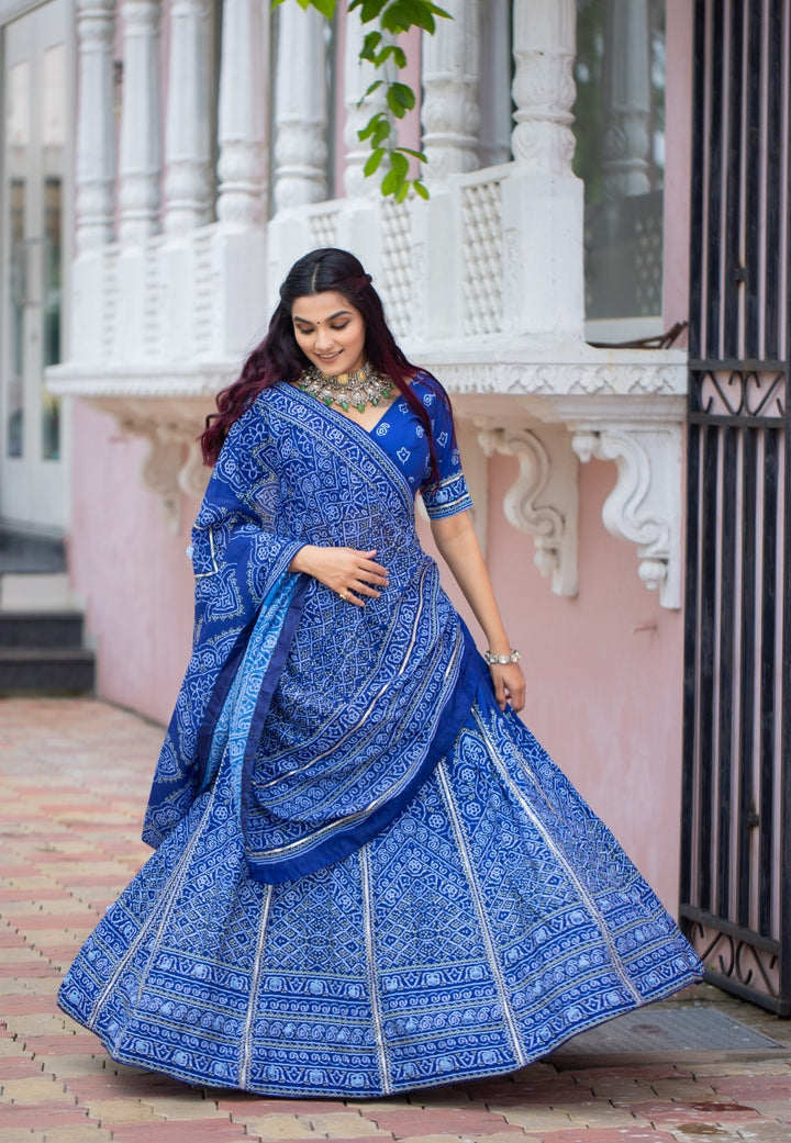 Navy Blue Color Vaishali silk Printed With Gota Patti and Tassels Work  Lehenga