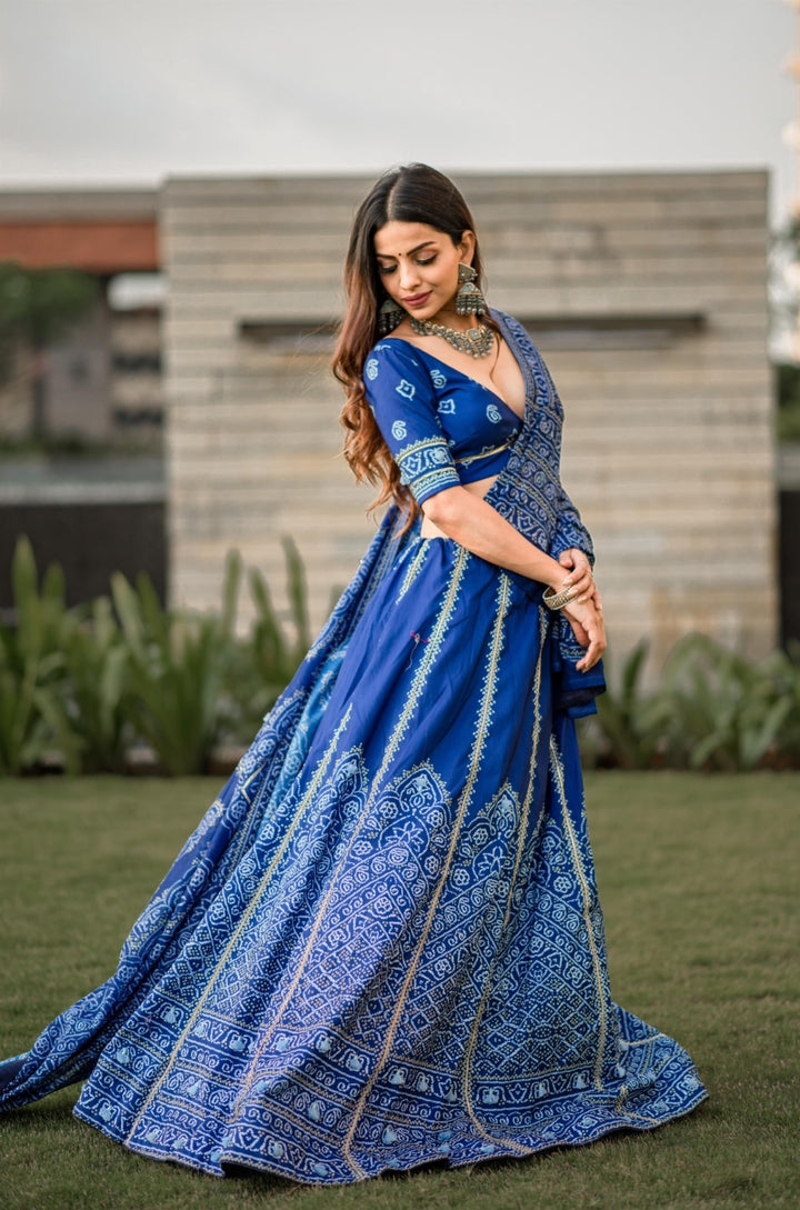 Navy Blue Color Vaishali silk Printed With Gota Patti and Tassels Work  Lehenga