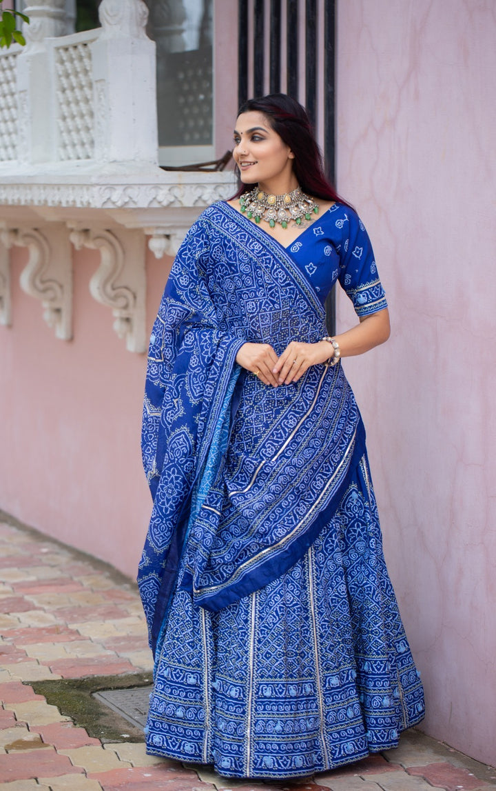 Navy Blue Color Vaishali silk Printed With Gota Patti and Tassels Work  Lehenga