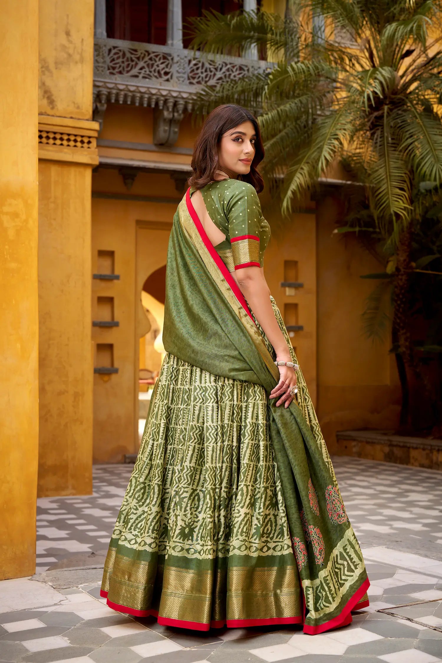 Olive Green Dola Silk Printed Lehenga Choli