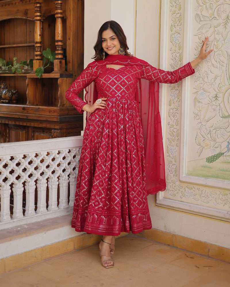 Pink Color Designer Anarkali Gown With Dupatta  - By Qivii