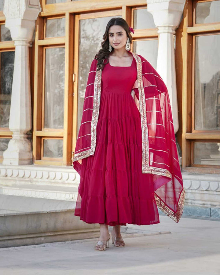 Rani Pink Color Five layer Georgette Anarkali Gown With Dupatta  - By Qivii