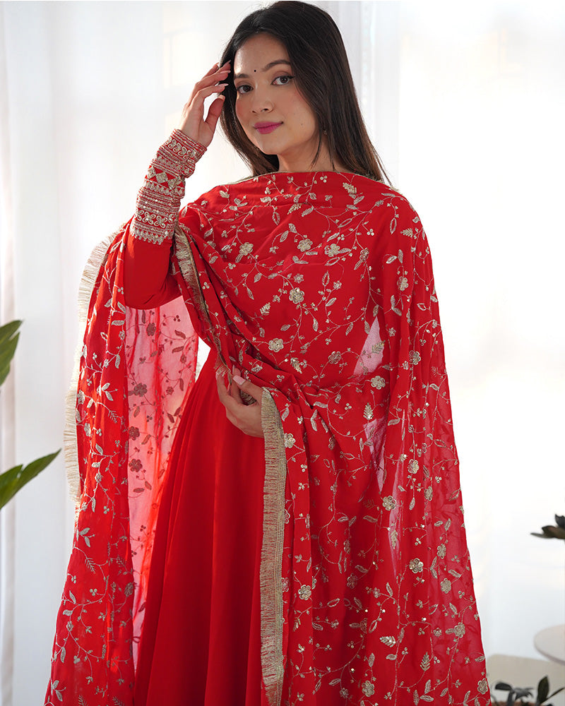 Red Color Soft Georgette Anarkali Gown With Heavy Embroidery Work Dupatta  - By Qivii