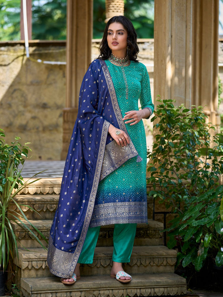 Rama Green Jacquard Kurta Suit Set by Qivii