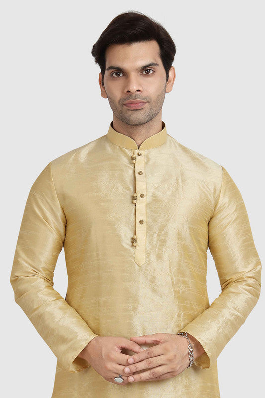 Men's Gold Art Silk Solid Kurta Pajama Set