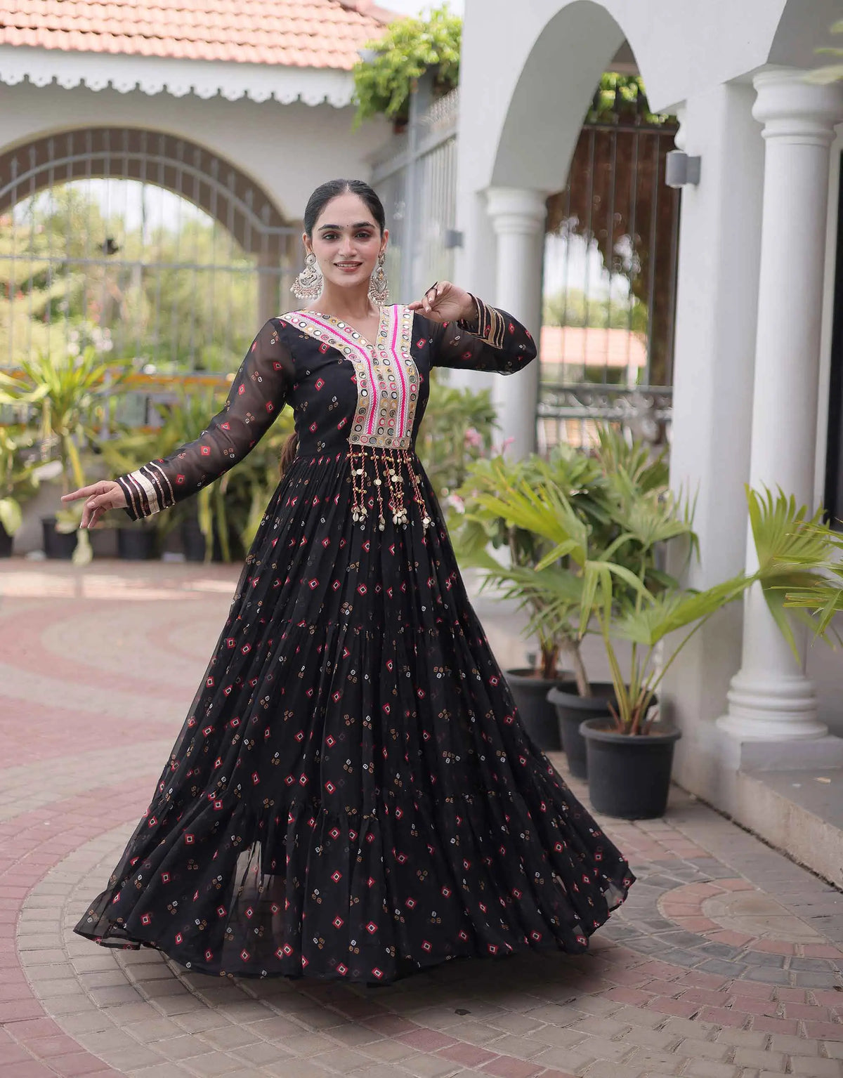 Black Georgette Kutchi Work Navratri Gown