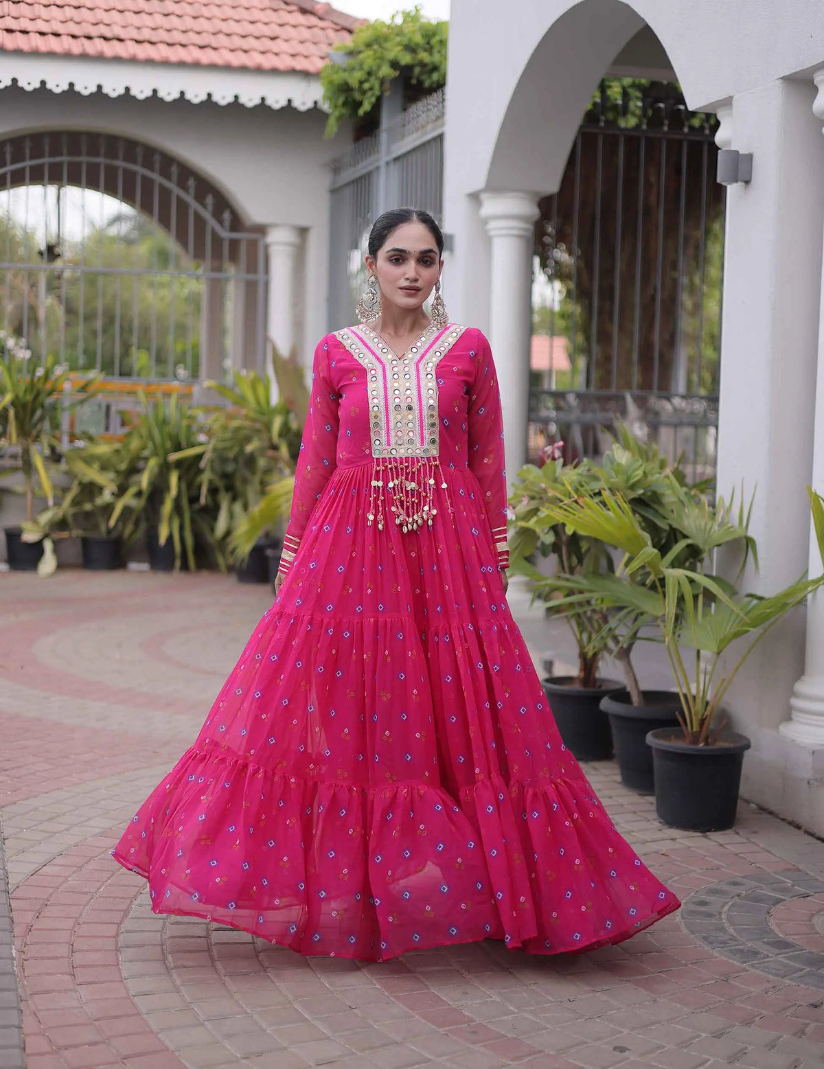 Pink Georgette Kutchi Work Navratri Gown