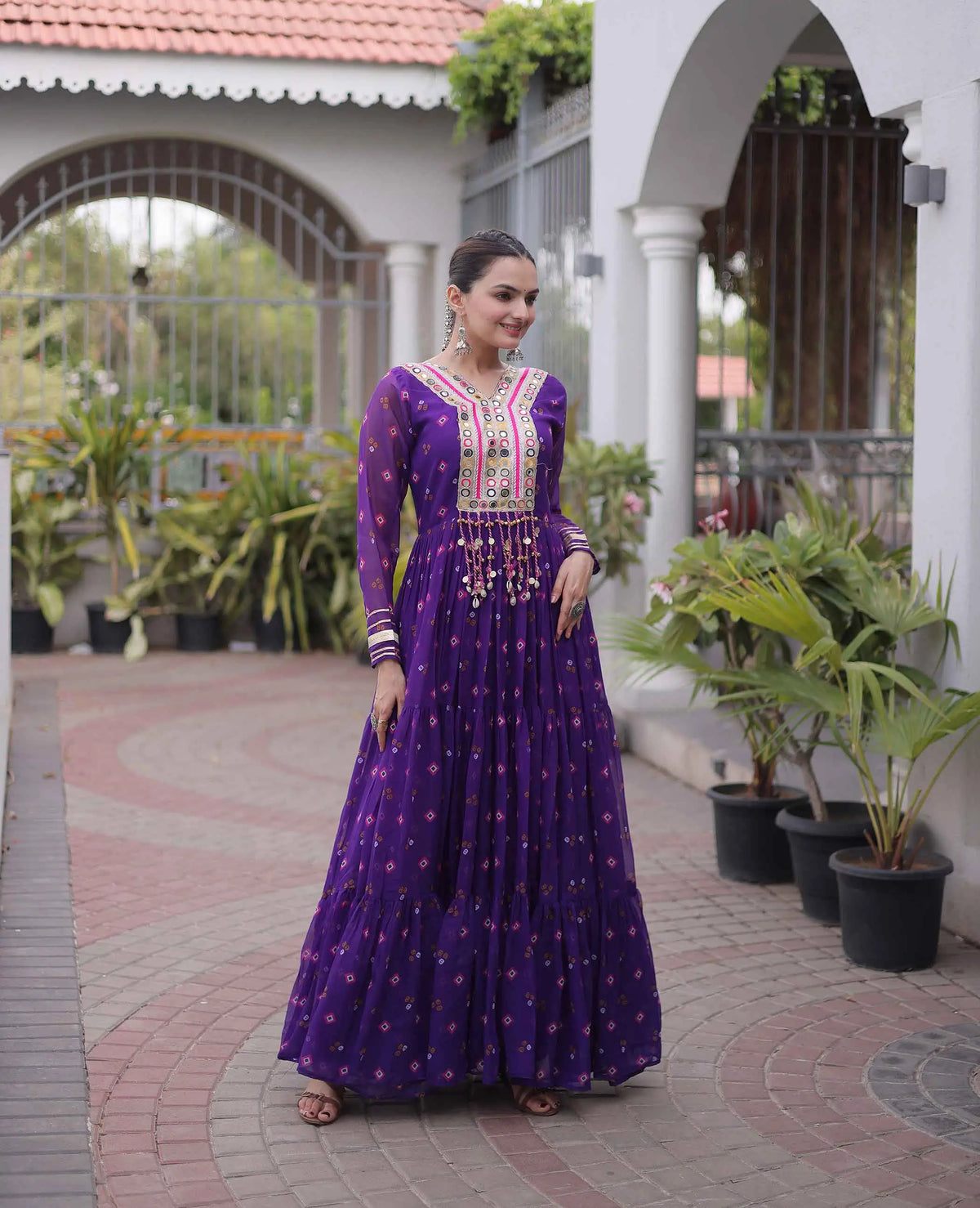 Purple Georgette Kutchi Work Navratri Gown