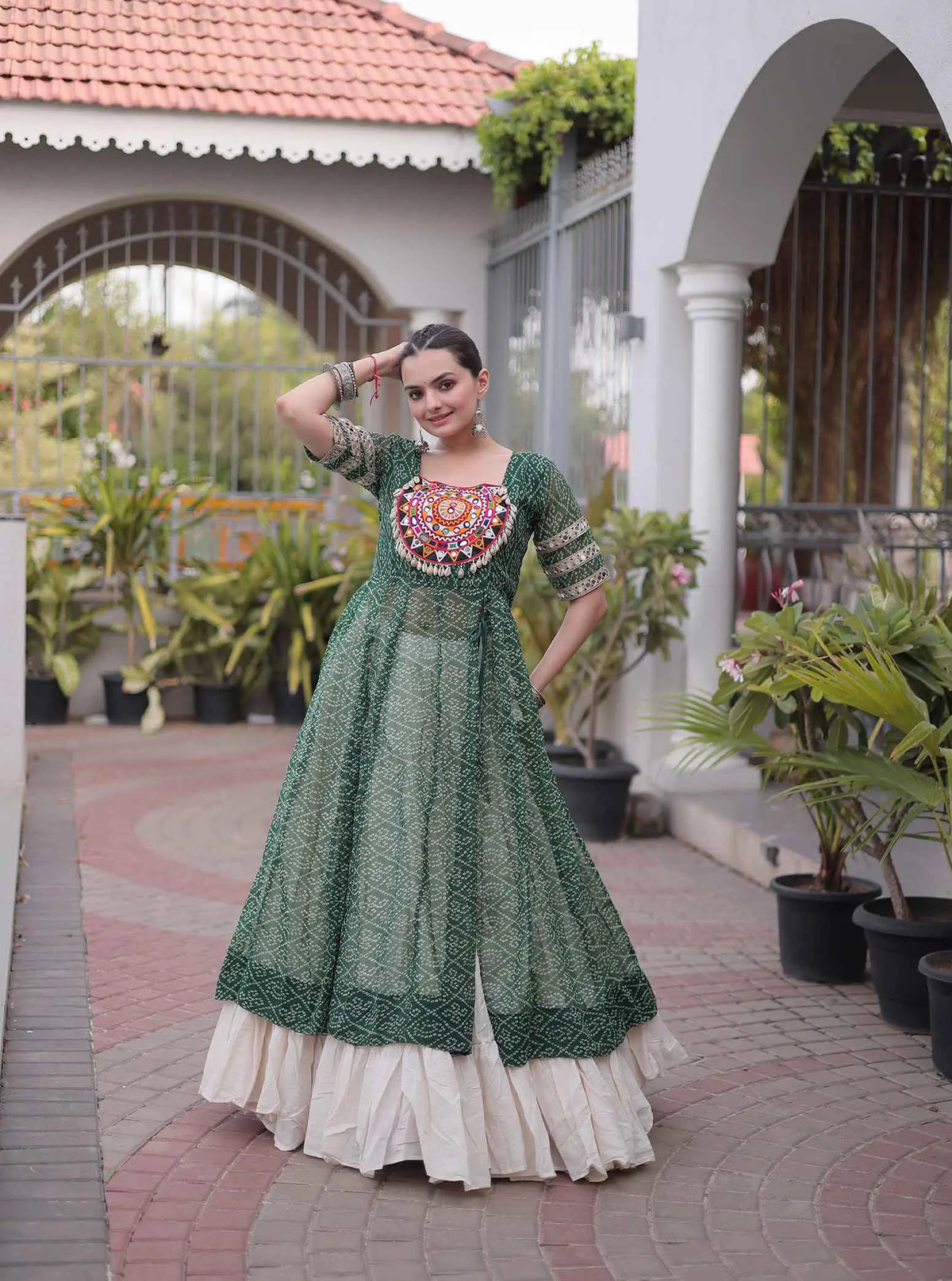 Green Bandhani Print Kurti Lehenga For Navratri