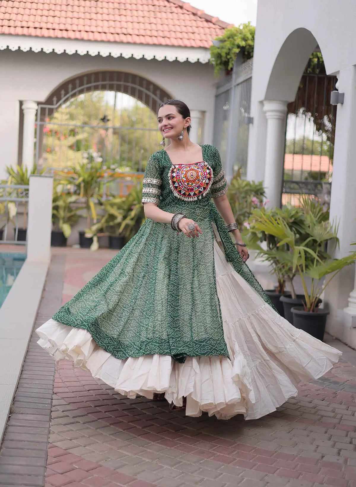 Green Bandhani Print Kurti Lehenga For Navratri