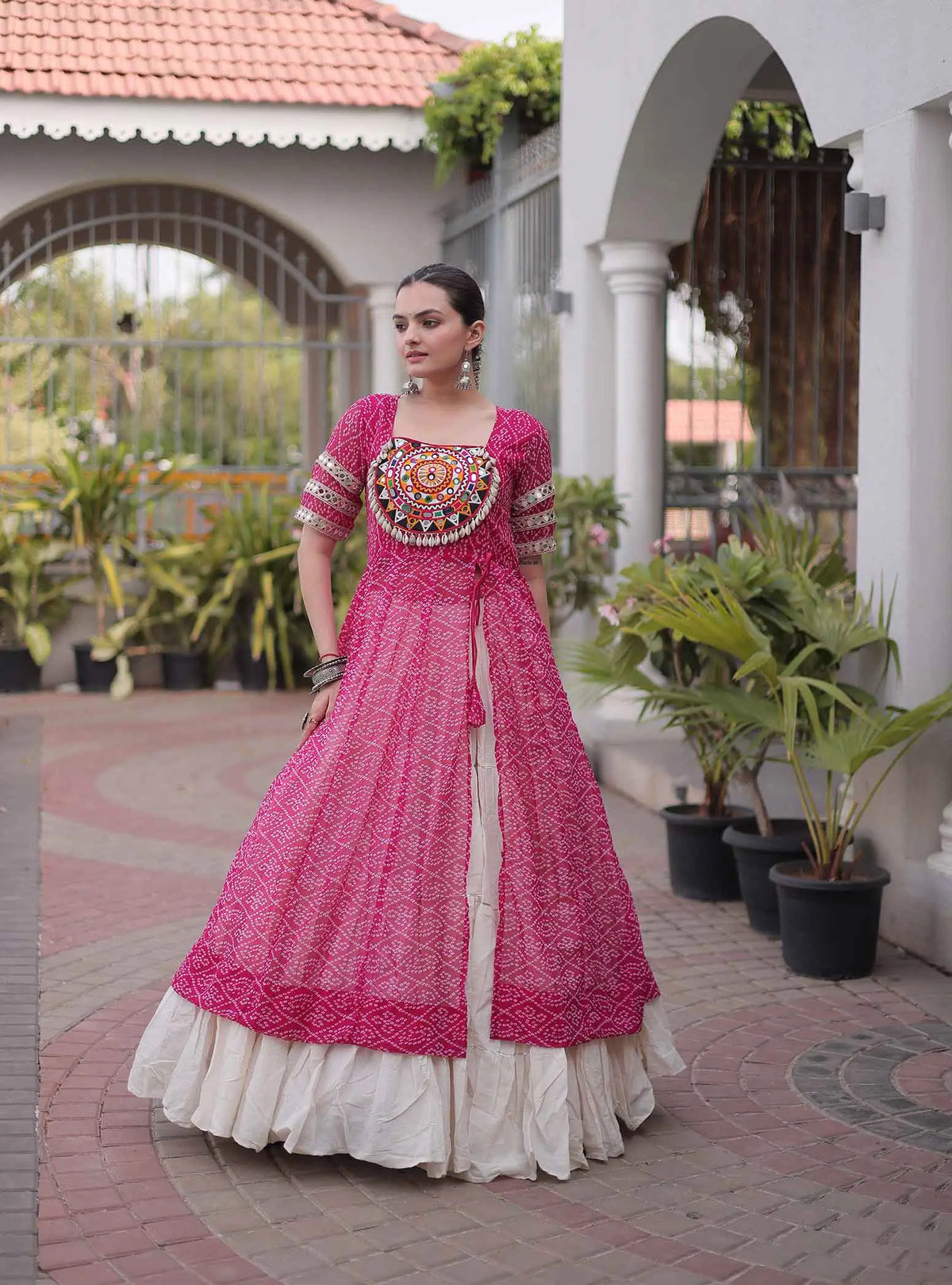 Pink Bandhani Print Kurti Lehenga For Navratri