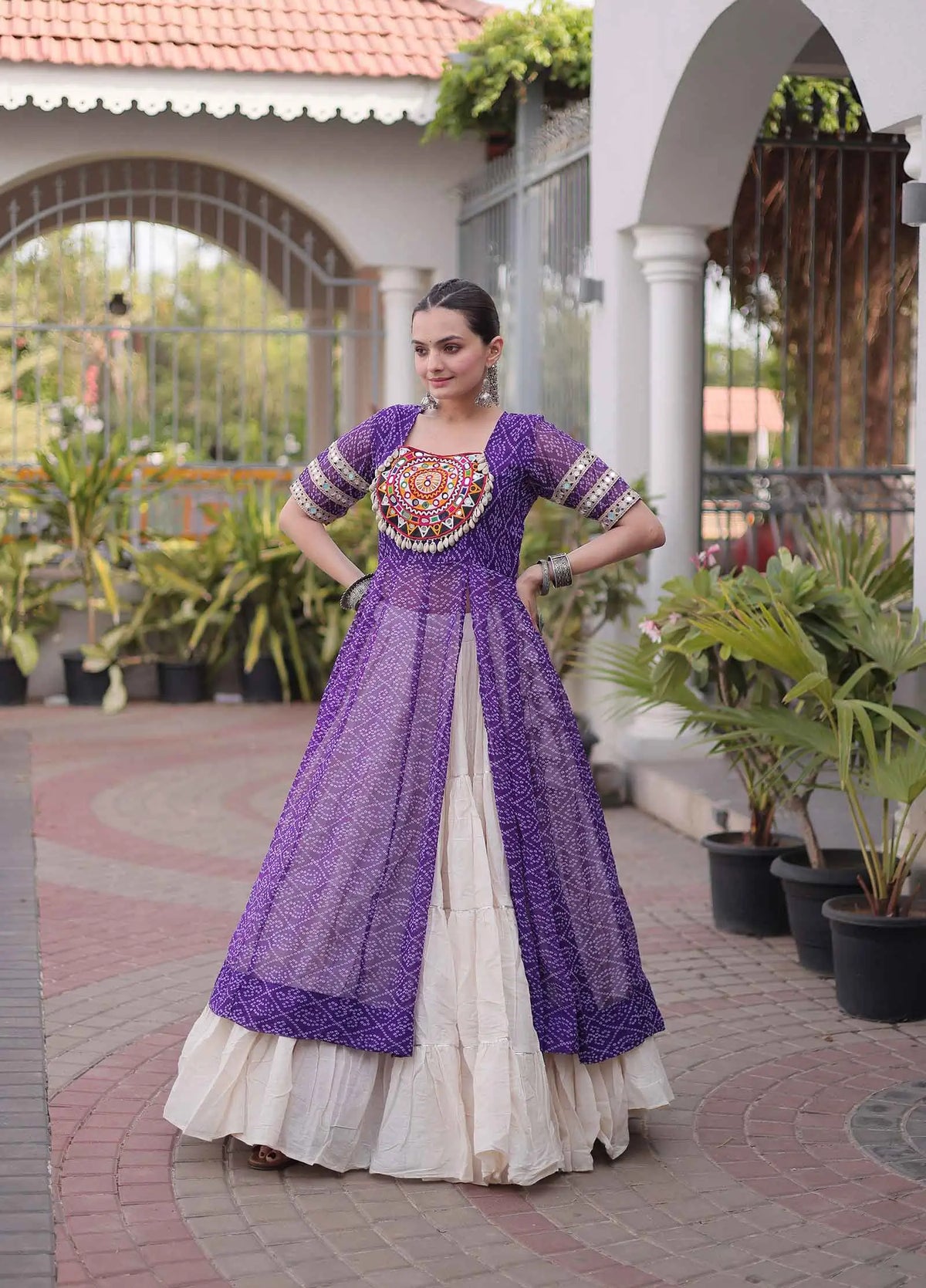 Purple Bandhani Print Kurti Lehenga For Navratri