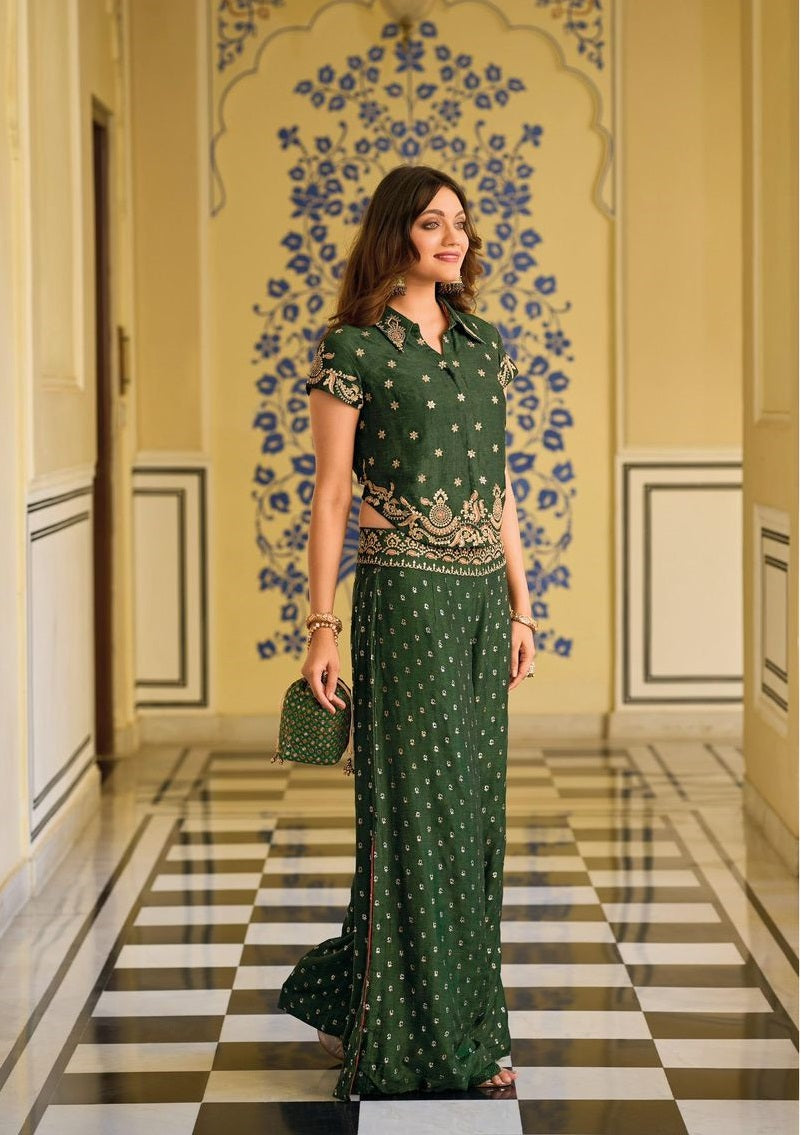 green silk with fancy embroidery work co-ord sets