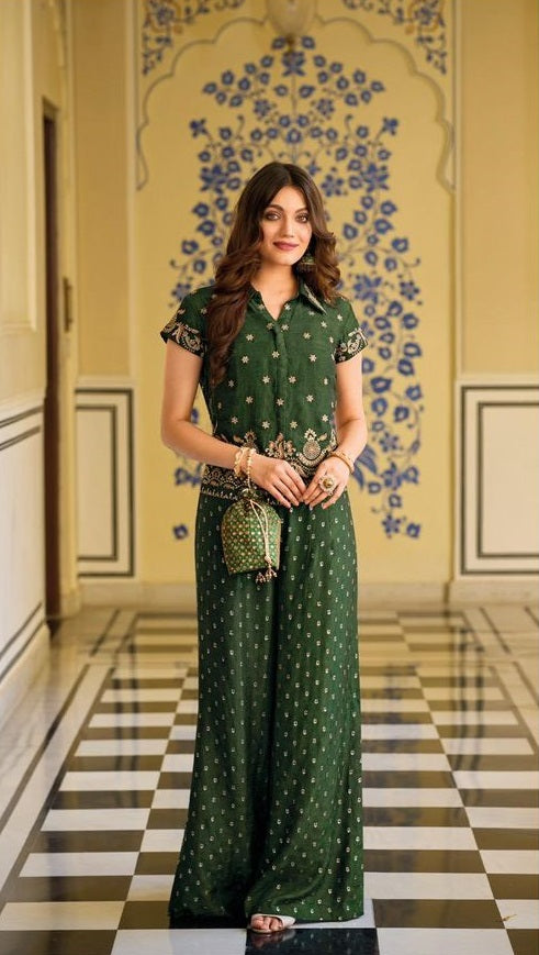 green silk with fancy embroidery work co-ord sets