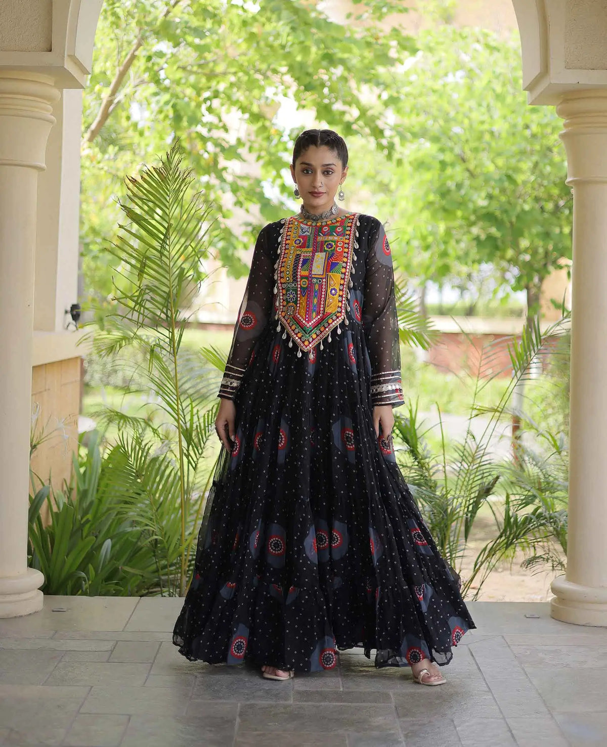 Black Bandhani Print Kutchi Work Gown