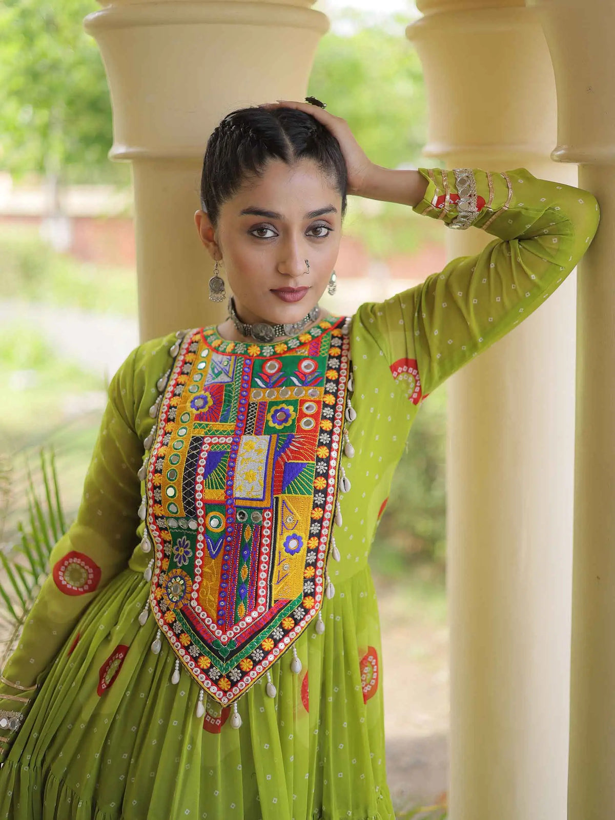 Parrot Bandhani Print Kutchi Work Gown