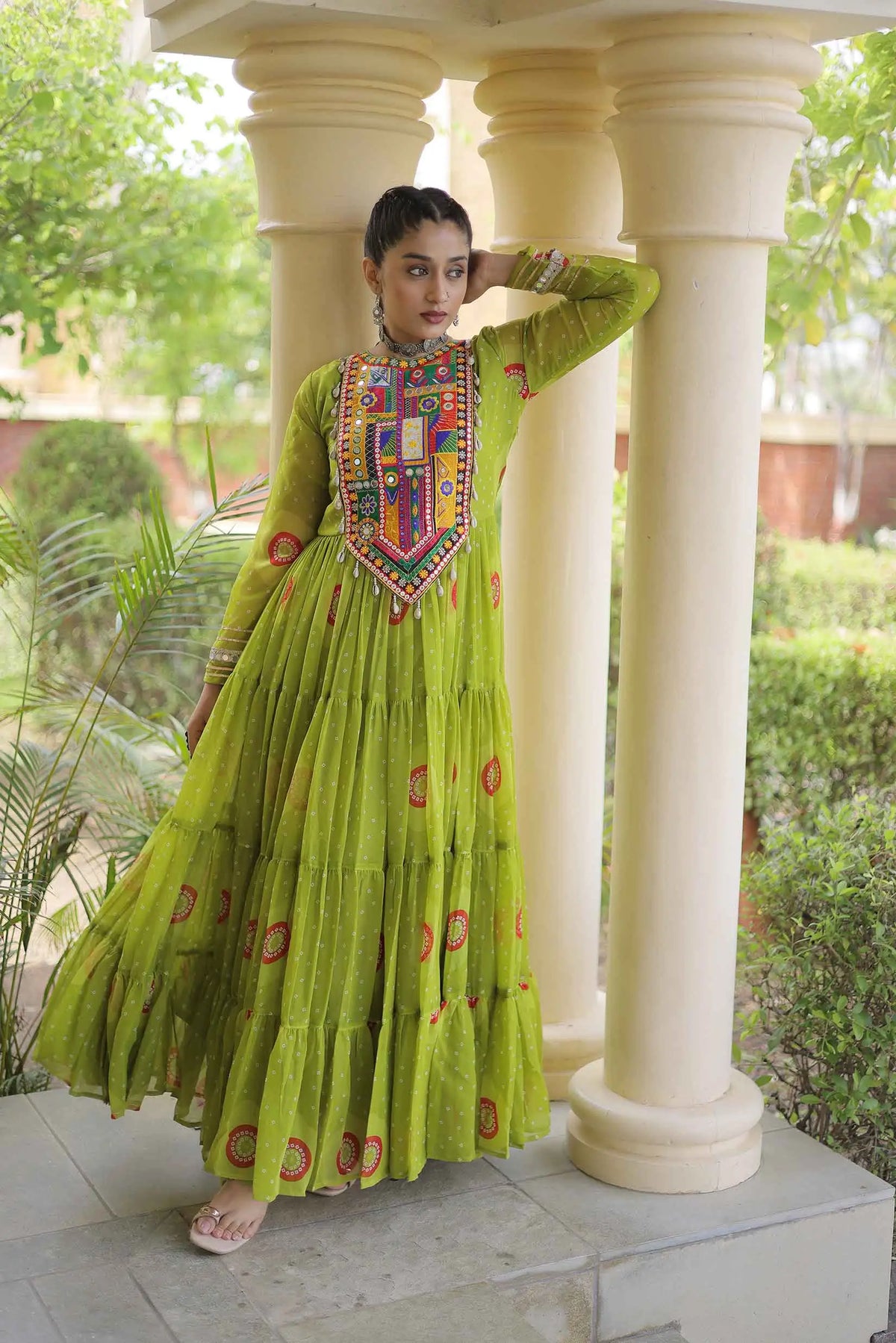 Parrot Bandhani Print Kutchi Work Gown