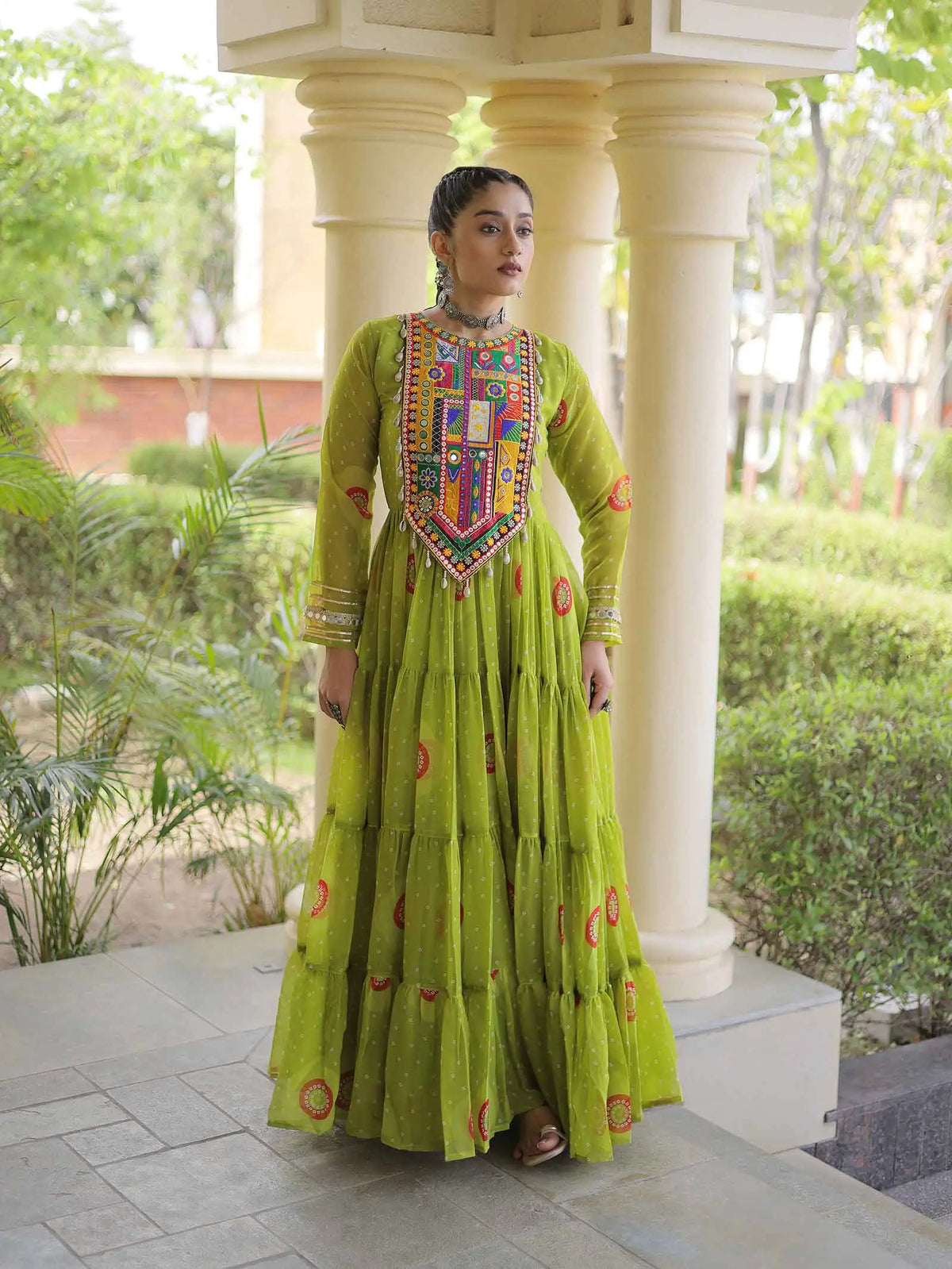 Parrot Bandhani Print Kutchi Work Gown