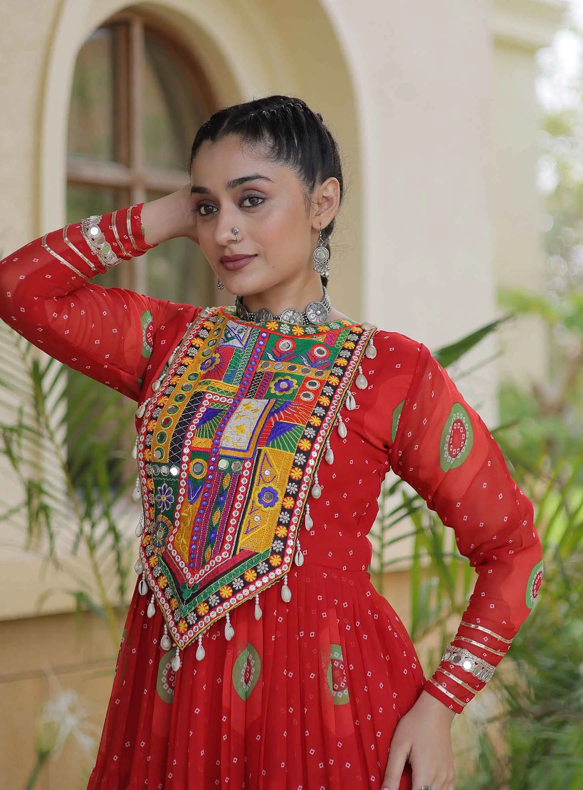 Red Bandhani Print Kutchi Work Gown