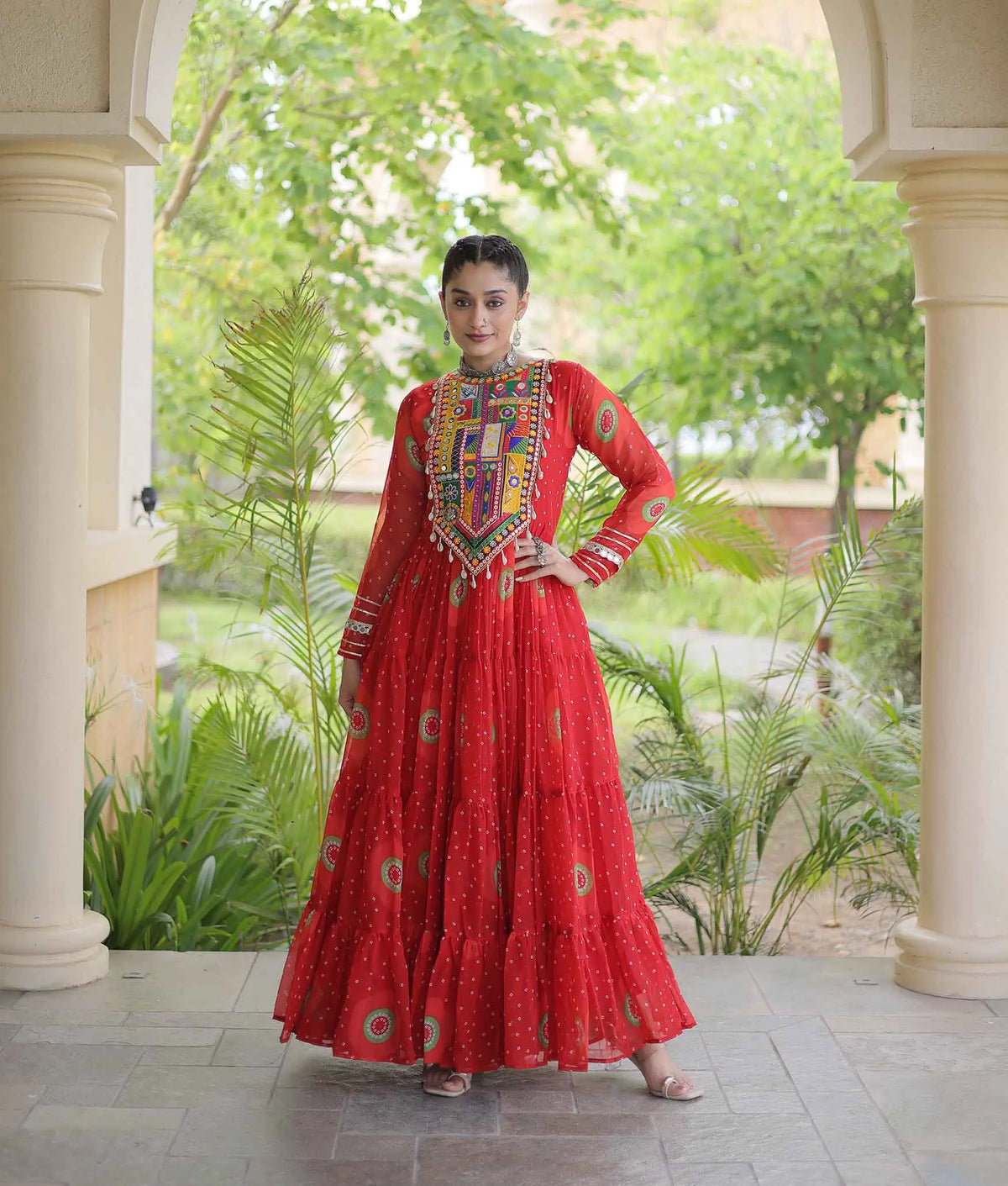 Red Bandhani Print Kutchi Work Gown