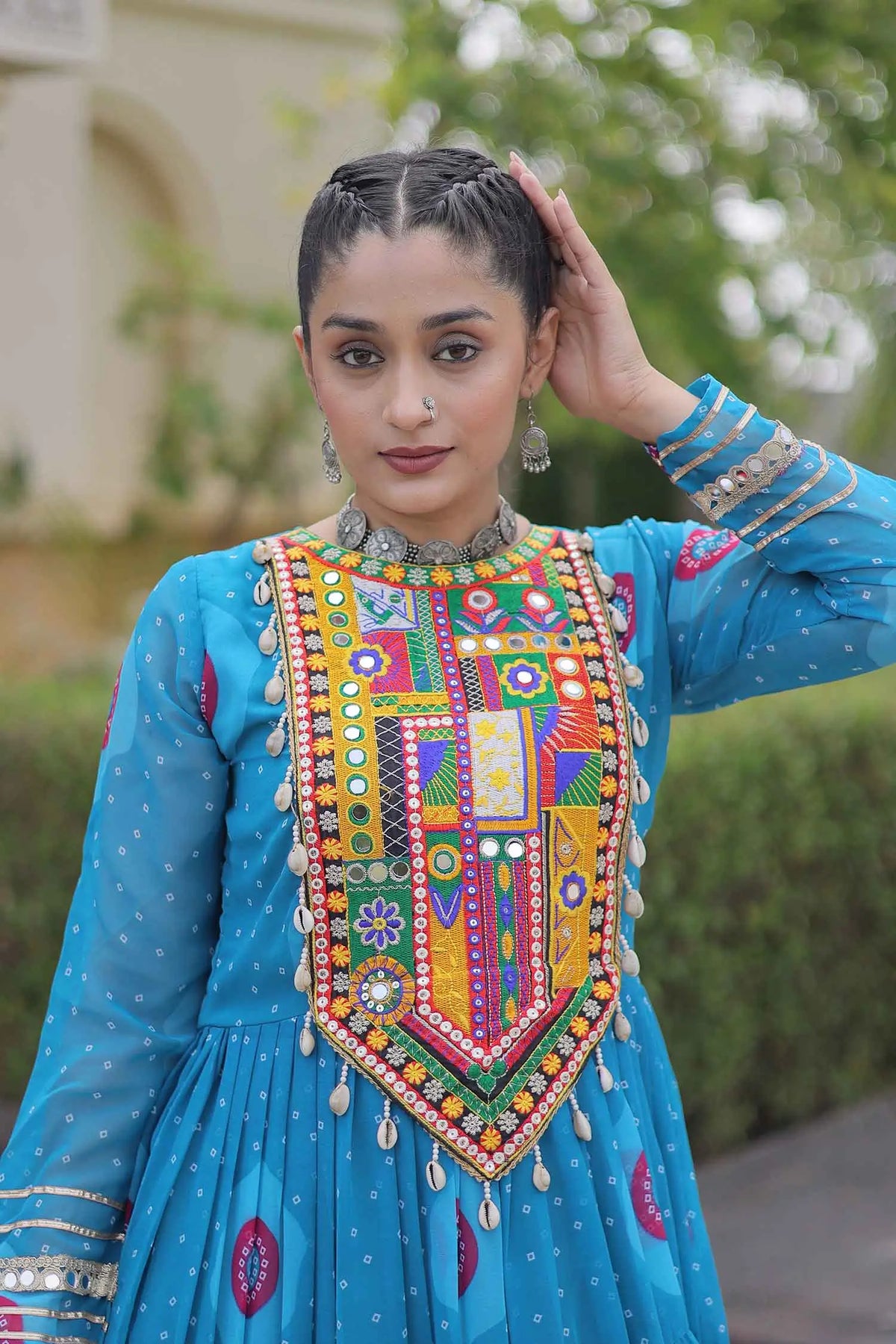 Sky Bandhani Print Kutchi Work Gown